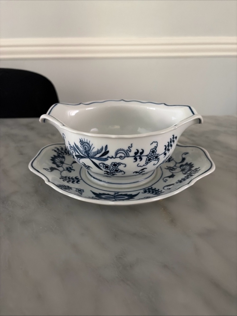 Blue and White Porcelain Gravy Boat with Underplate